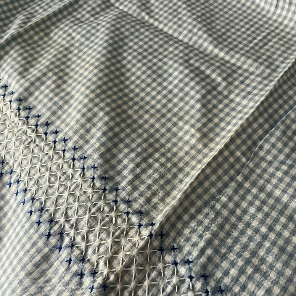 Vintage Handmade Blue Gingham Half Apron Embroidered 2 Pocket 70” Waist Tie